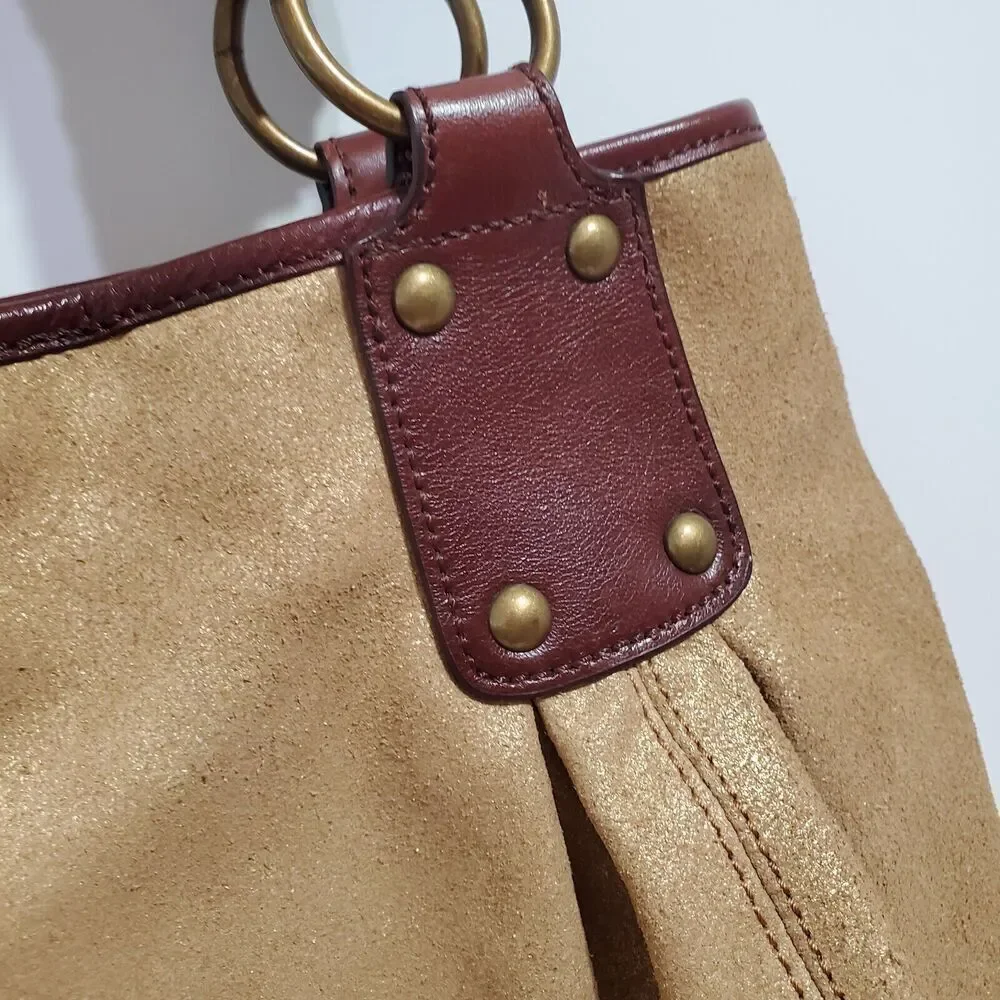 TANO‎ Shoulder Hobo Bag Womens gold Suede Leather Woven Handle Brown brass